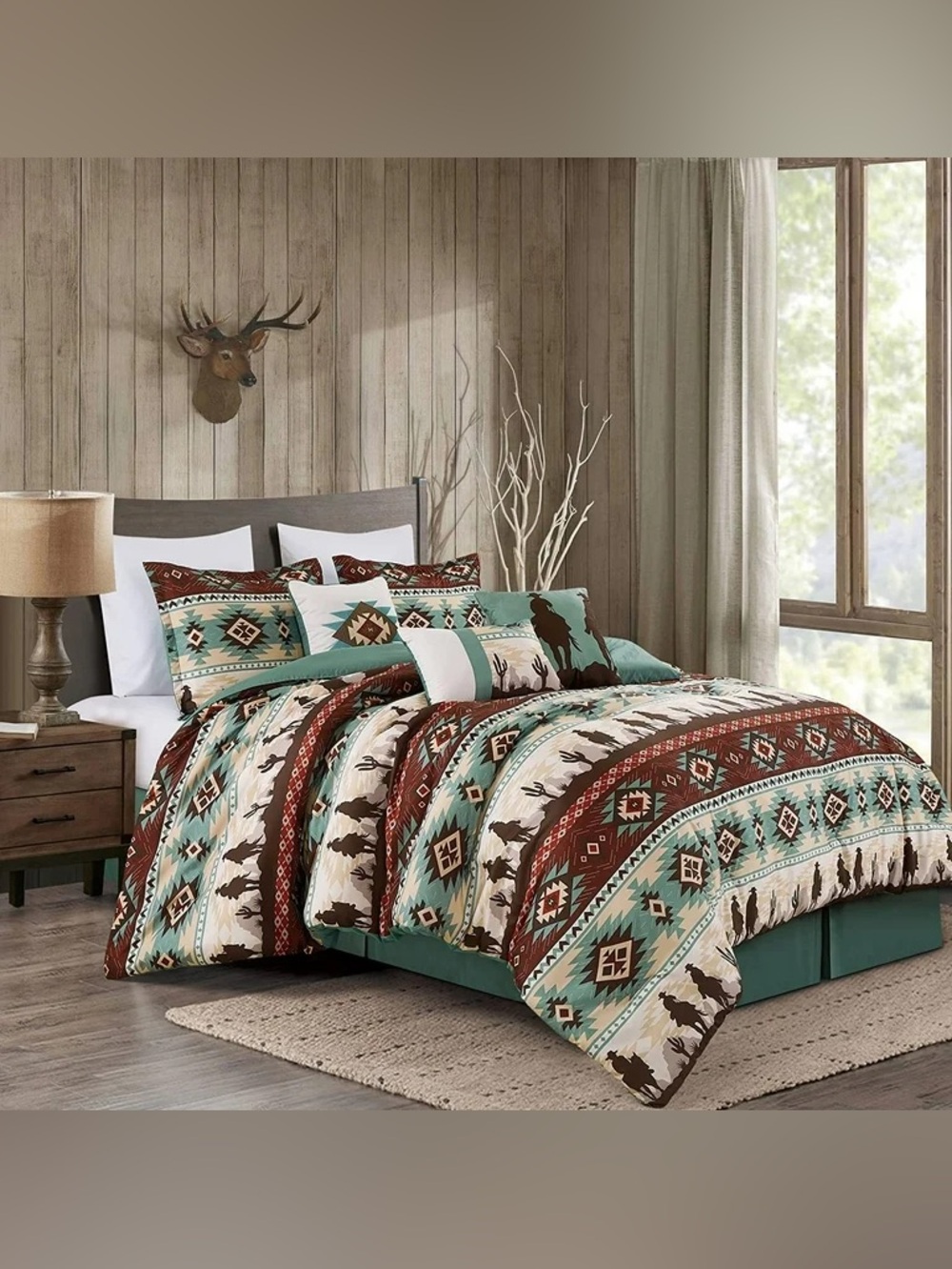 Southwest cowboy 3 piece queen  Comforter Set in Teal and Brown -